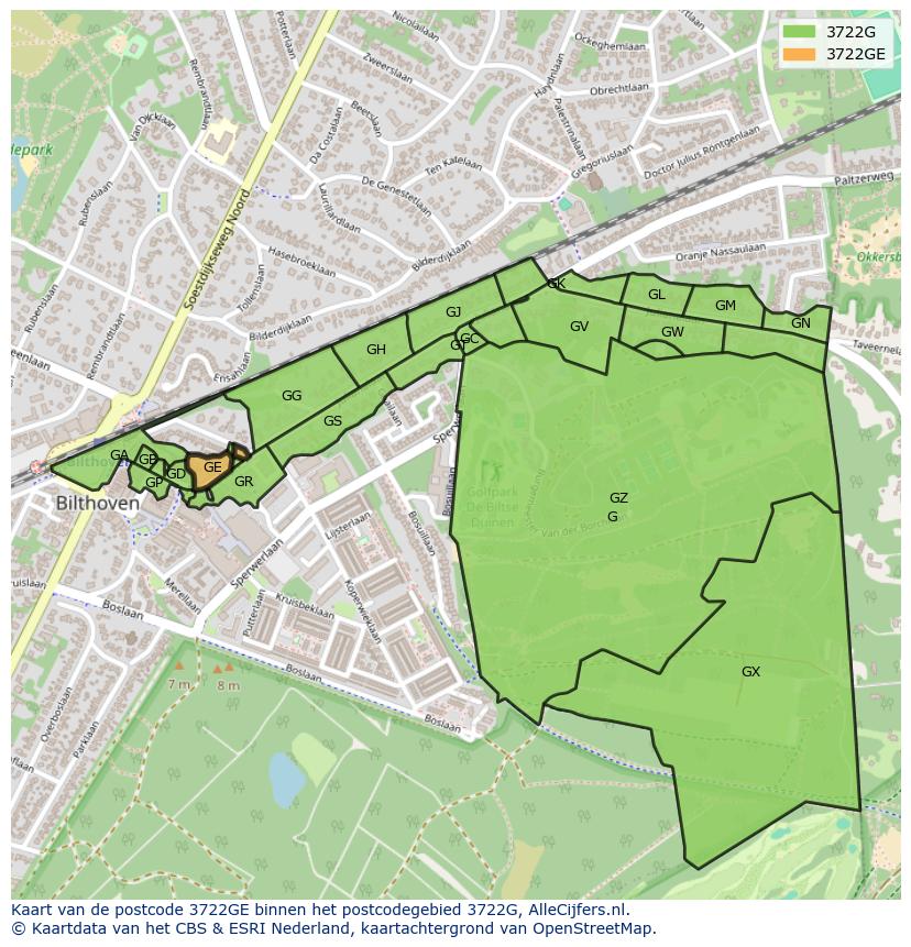Afbeelding van het postcodegebied 3722 GE op de kaart.