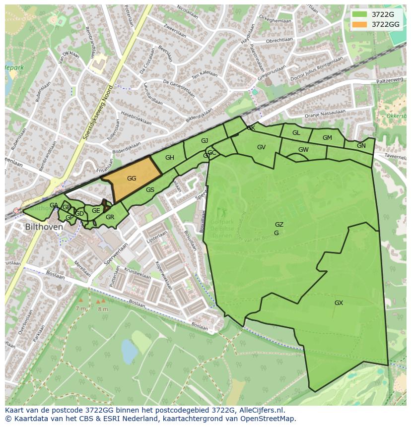 Afbeelding van het postcodegebied 3722 GG op de kaart.