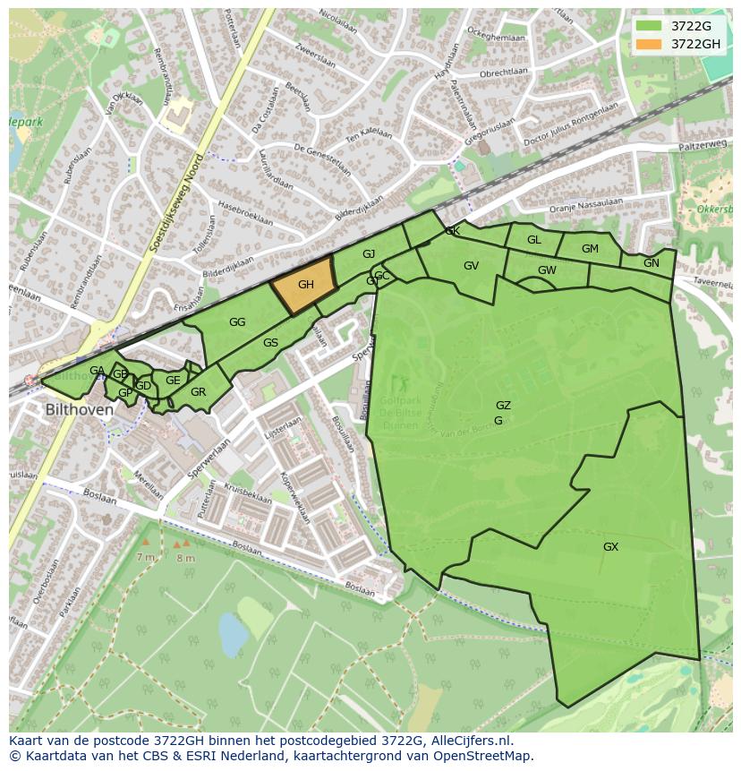 Afbeelding van het postcodegebied 3722 GH op de kaart.
