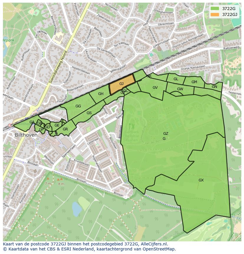 Afbeelding van het postcodegebied 3722 GJ op de kaart.