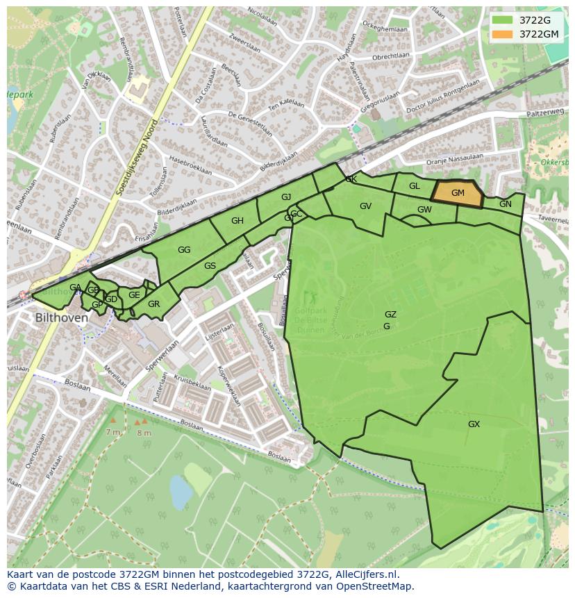 Afbeelding van het postcodegebied 3722 GM op de kaart.