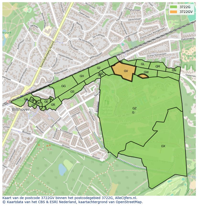 Afbeelding van het postcodegebied 3722 GV op de kaart.