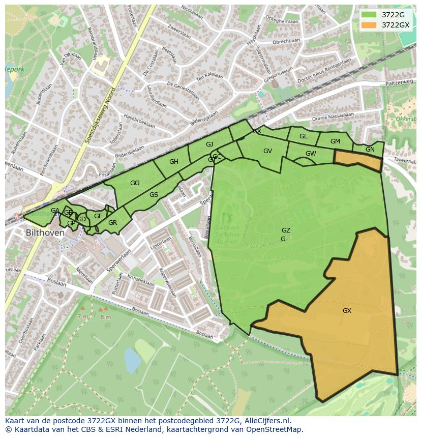 Afbeelding van het postcodegebied 3722 GX op de kaart.