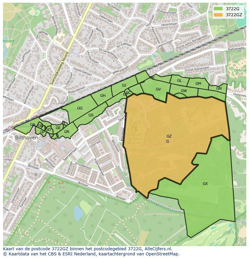 Afbeelding van het postcodegebied 3722 GZ op de kaart.