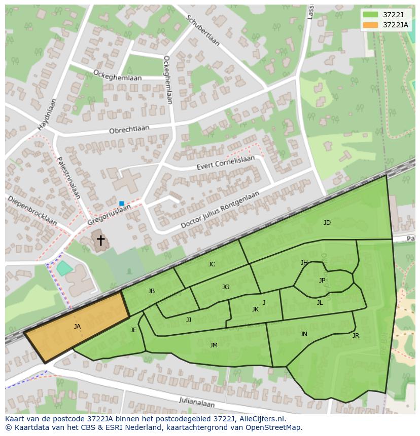 Afbeelding van het postcodegebied 3722 JA op de kaart.