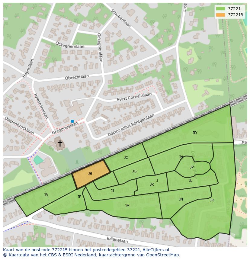 Afbeelding van het postcodegebied 3722 JB op de kaart.