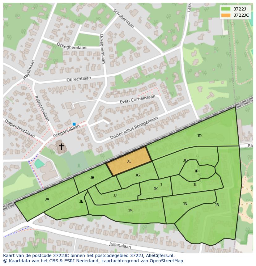 Afbeelding van het postcodegebied 3722 JC op de kaart.