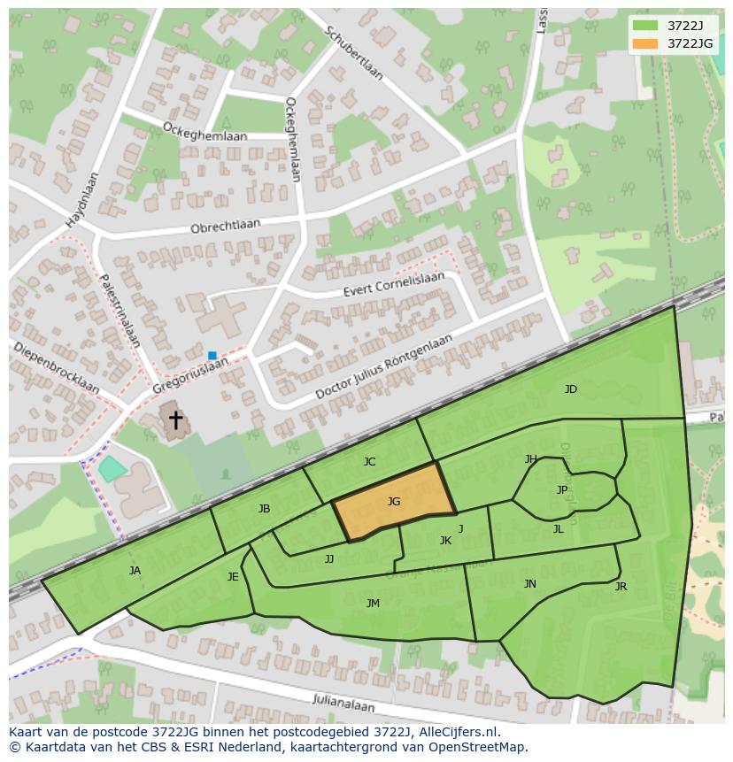 Afbeelding van het postcodegebied 3722 JG op de kaart.