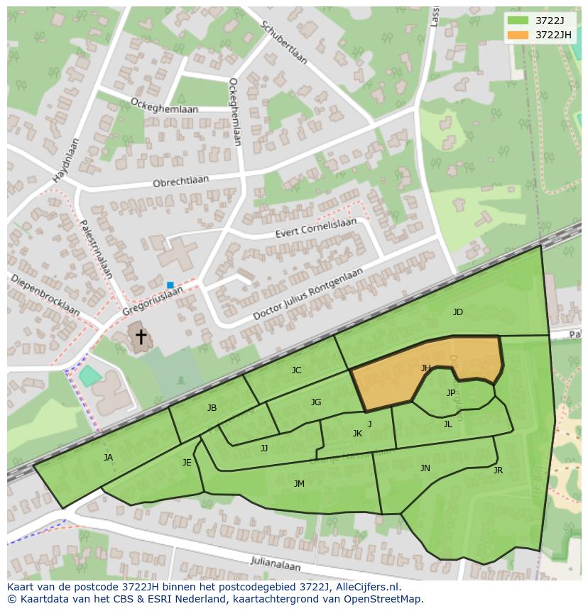 Afbeelding van het postcodegebied 3722 JH op de kaart.