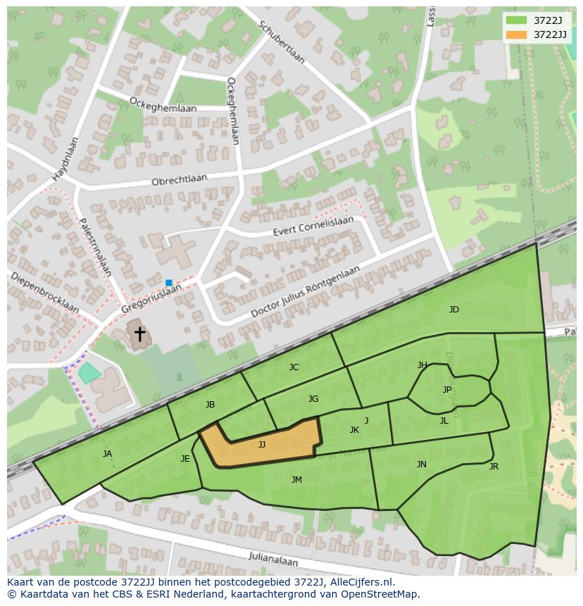 Afbeelding van het postcodegebied 3722 JJ op de kaart.