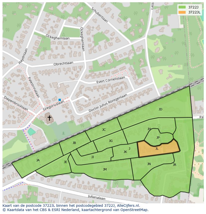 Afbeelding van het postcodegebied 3722 JL op de kaart.