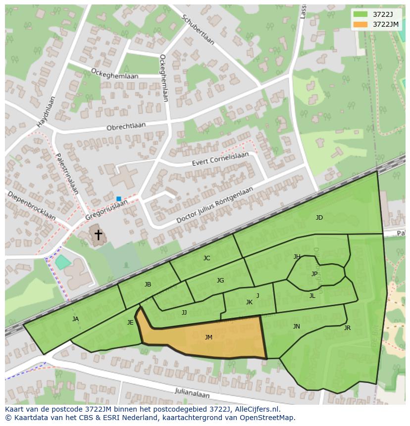 Afbeelding van het postcodegebied 3722 JM op de kaart.