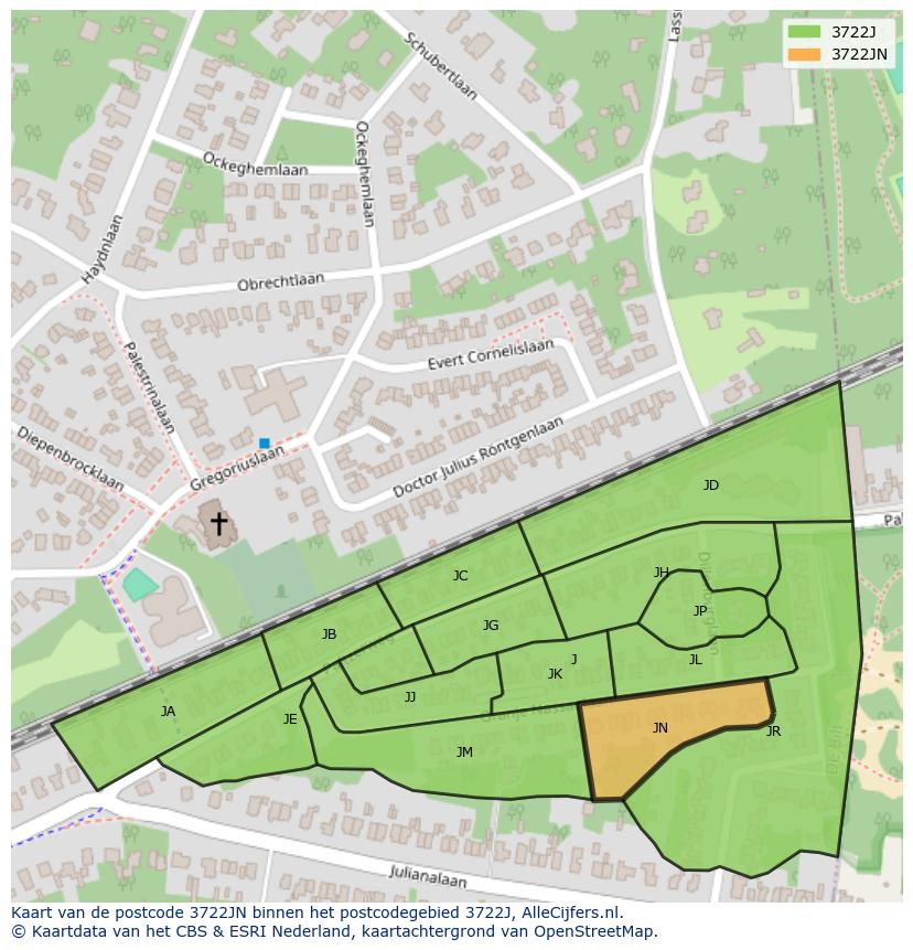 Afbeelding van het postcodegebied 3722 JN op de kaart.