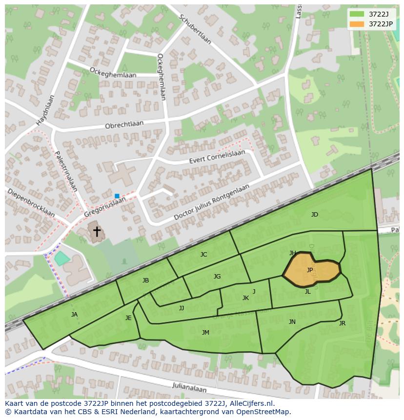 Afbeelding van het postcodegebied 3722 JP op de kaart.