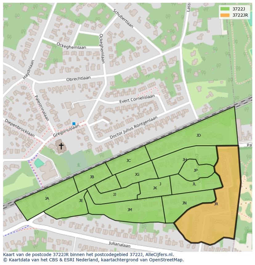 Afbeelding van het postcodegebied 3722 JR op de kaart.