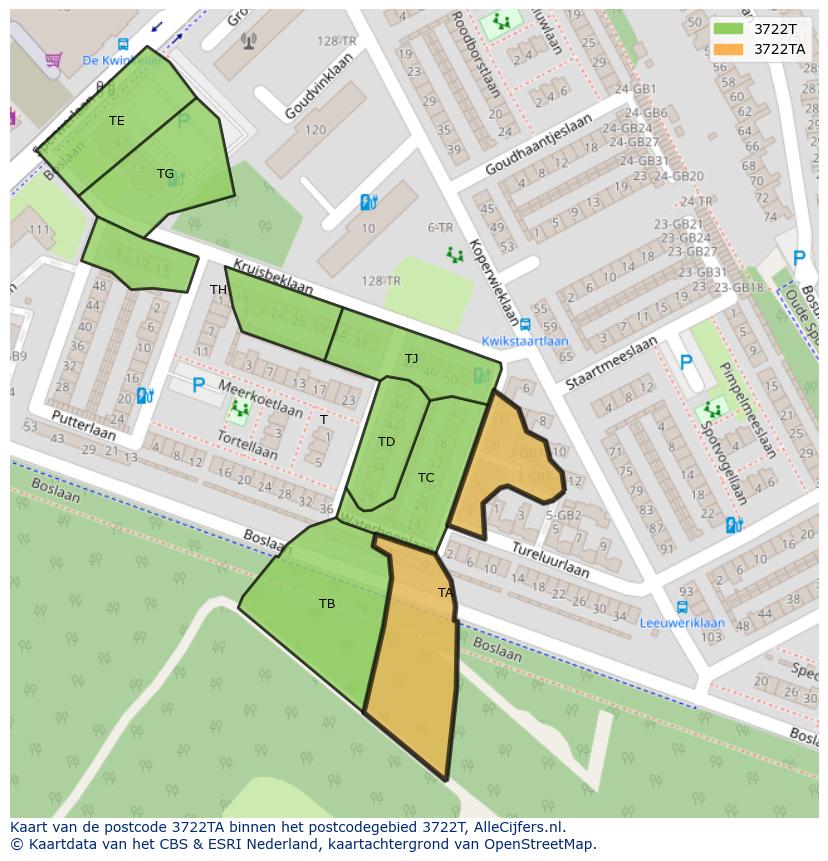 Afbeelding van het postcodegebied 3722 TA op de kaart.
