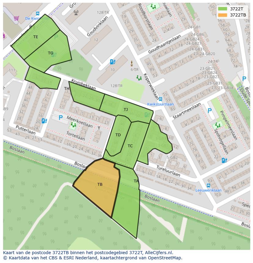 Afbeelding van het postcodegebied 3722 TB op de kaart.