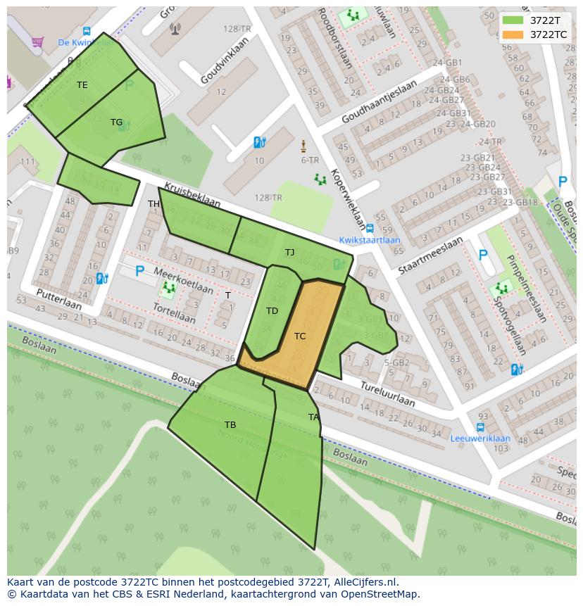 Afbeelding van het postcodegebied 3722 TC op de kaart.
