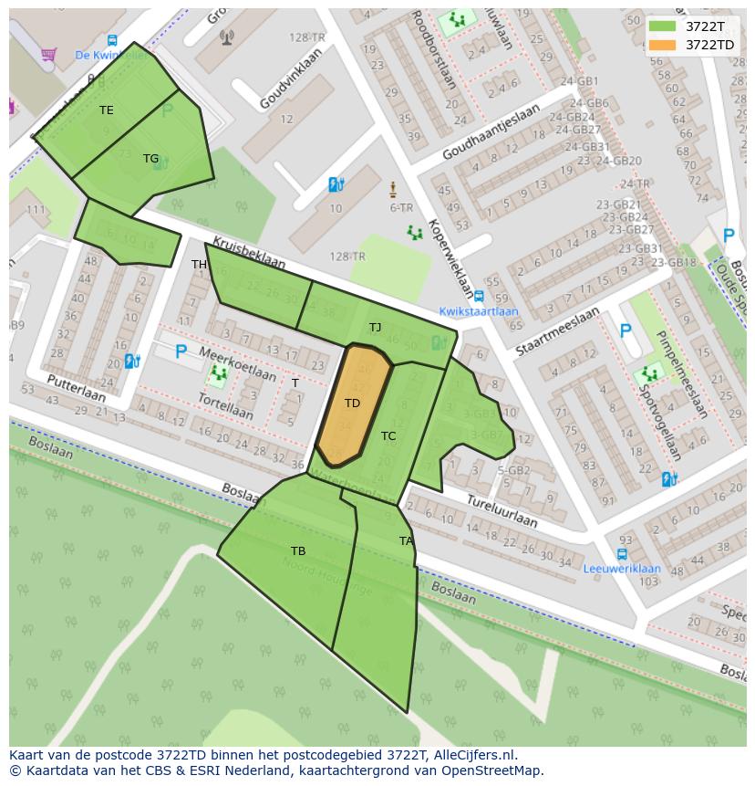 Afbeelding van het postcodegebied 3722 TD op de kaart.