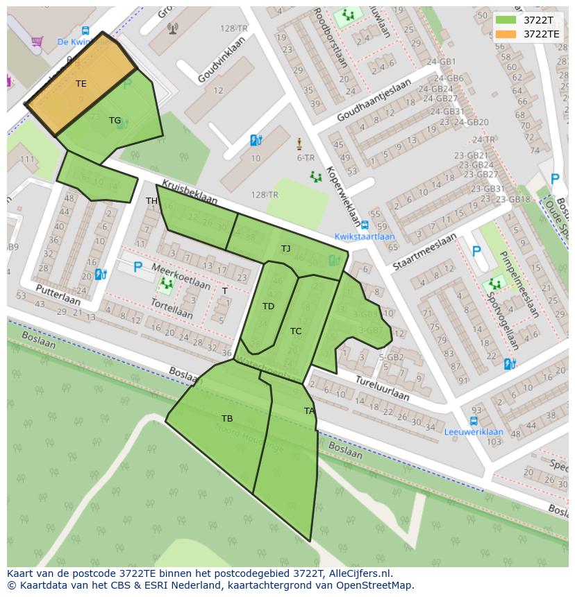 Afbeelding van het postcodegebied 3722 TE op de kaart.