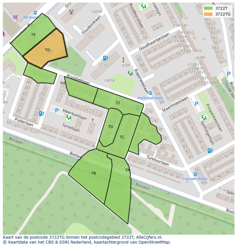 Afbeelding van het postcodegebied 3722 TG op de kaart.