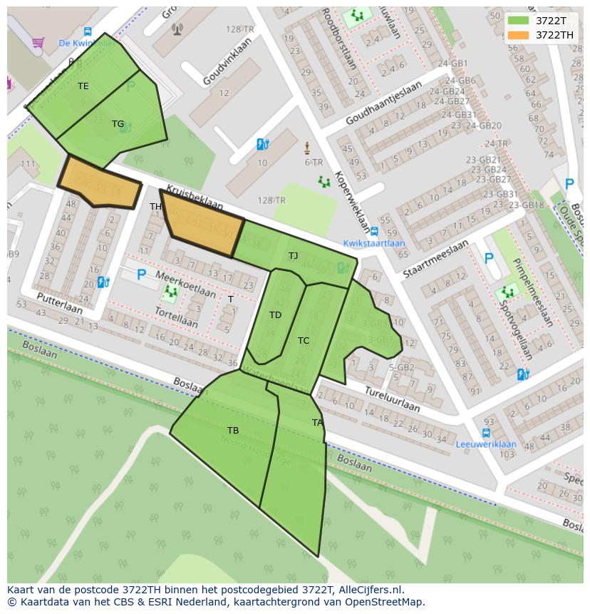 Afbeelding van het postcodegebied 3722 TH op de kaart.