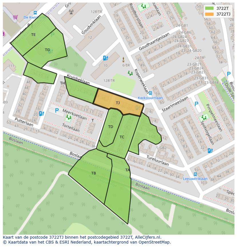 Afbeelding van het postcodegebied 3722 TJ op de kaart.