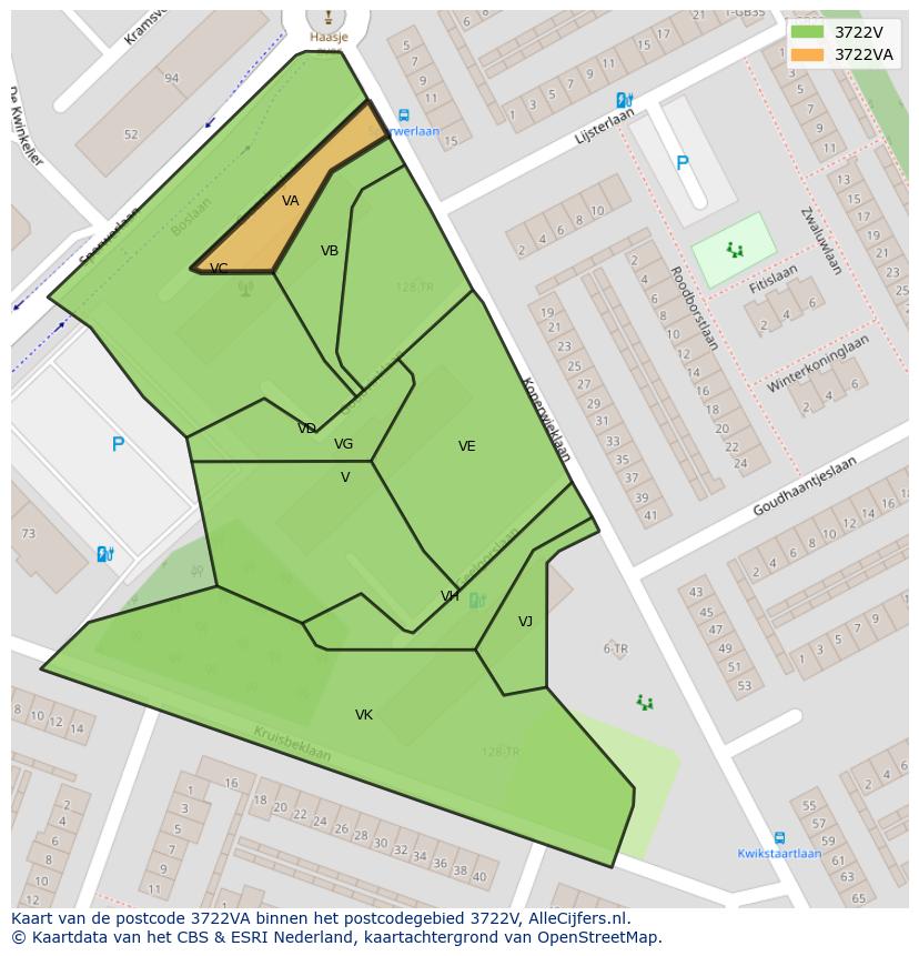 Afbeelding van het postcodegebied 3722 VA op de kaart.