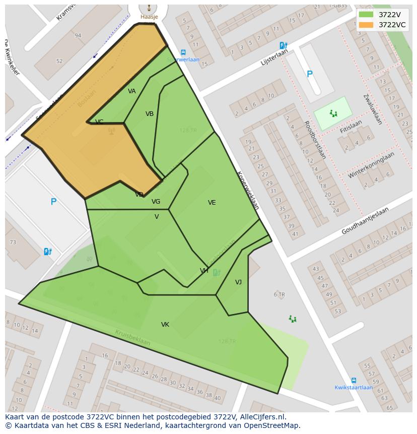 Afbeelding van het postcodegebied 3722 VC op de kaart.