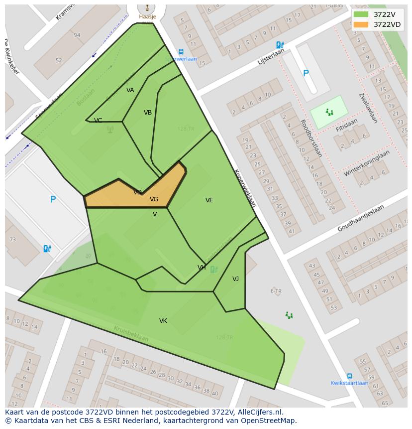 Afbeelding van het postcodegebied 3722 VD op de kaart.