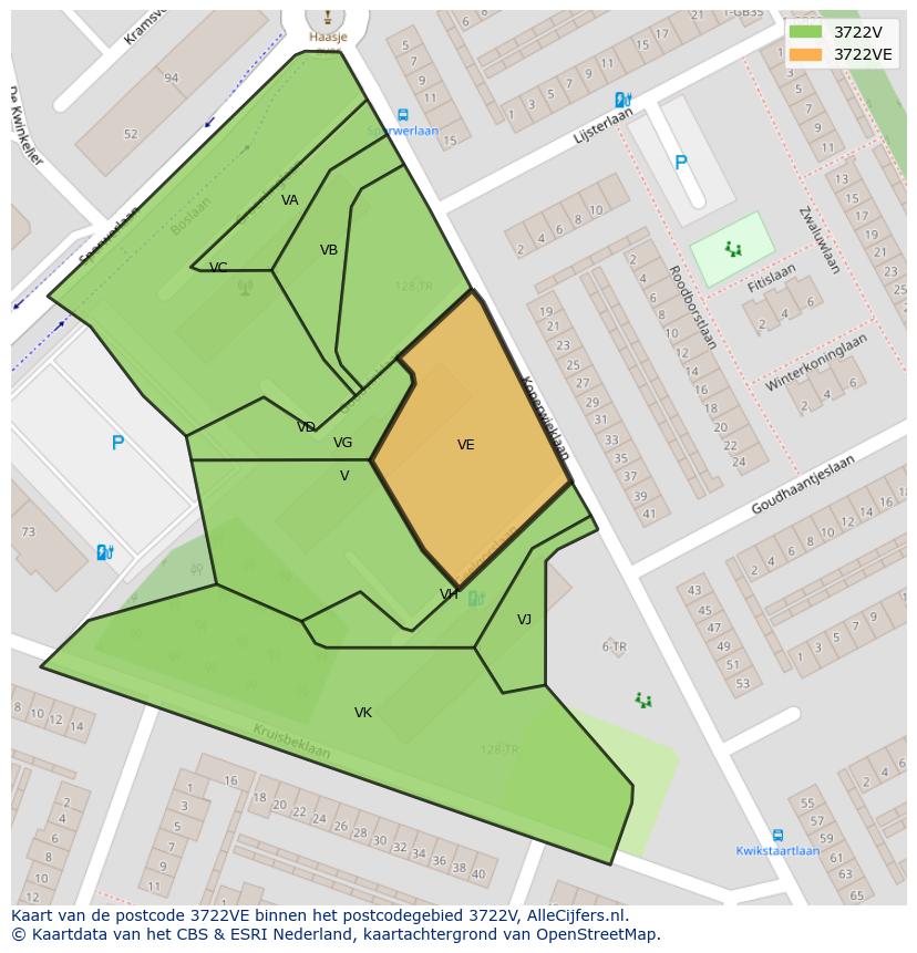 Afbeelding van het postcodegebied 3722 VE op de kaart.