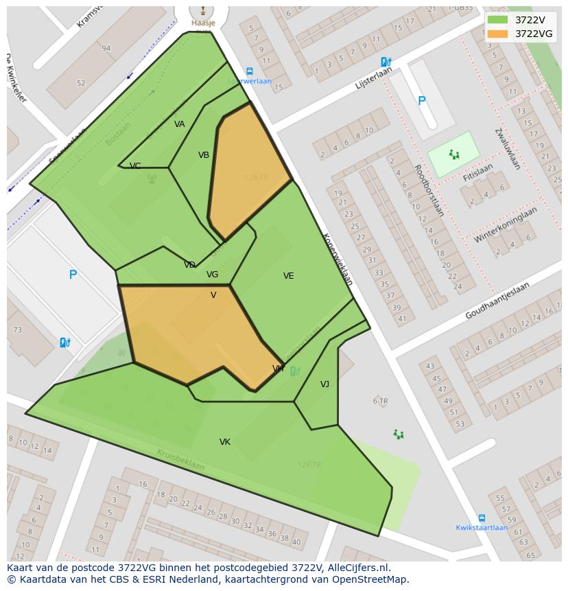 Afbeelding van het postcodegebied 3722 VG op de kaart.