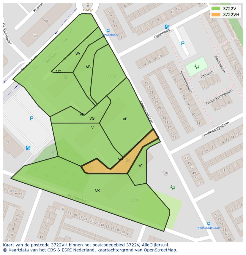 Afbeelding van het postcodegebied 3722 VH op de kaart.