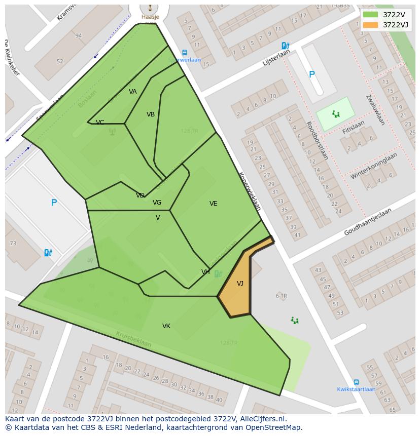 Afbeelding van het postcodegebied 3722 VJ op de kaart.