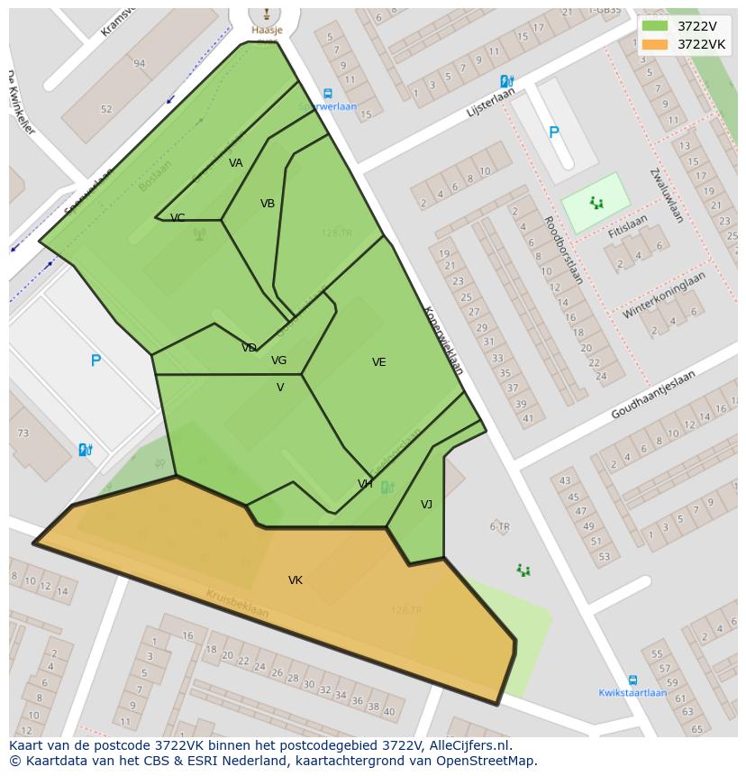 Afbeelding van het postcodegebied 3722 VK op de kaart.