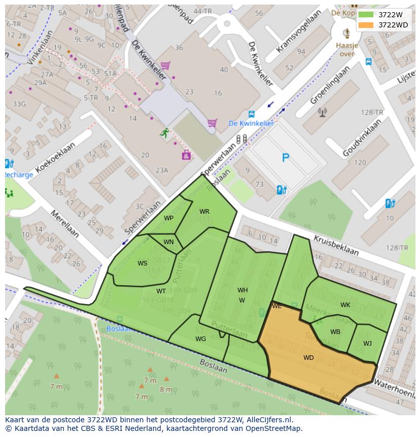Afbeelding van het postcodegebied 3722 WD op de kaart.