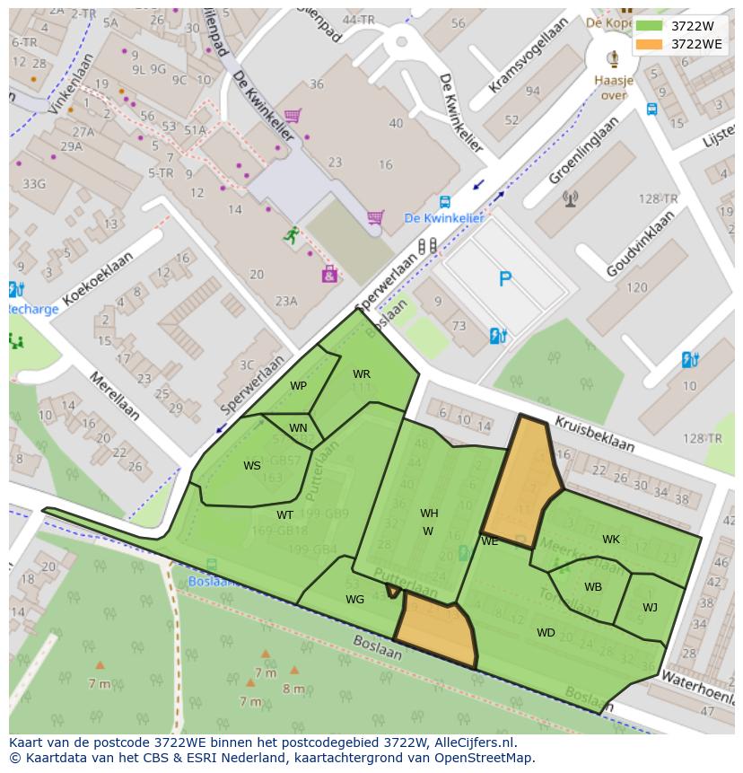 Afbeelding van het postcodegebied 3722 WE op de kaart.