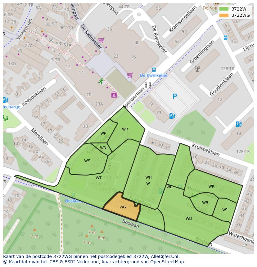 Afbeelding van het postcodegebied 3722 WG op de kaart.