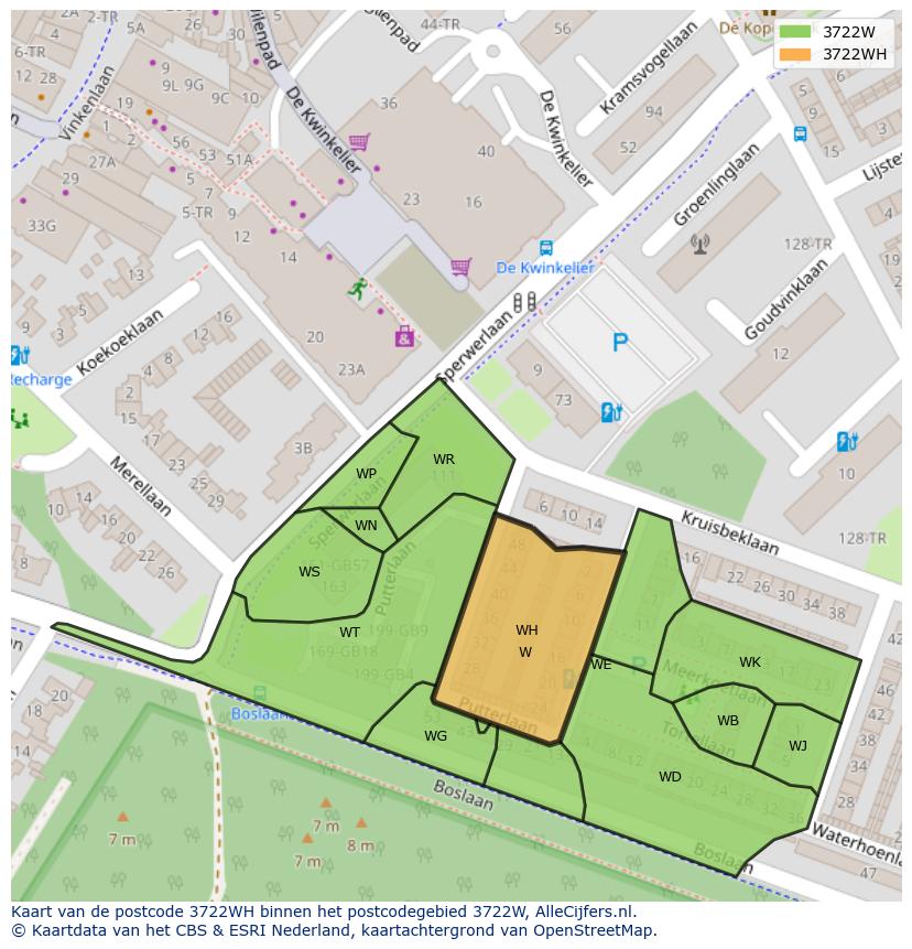 Afbeelding van het postcodegebied 3722 WH op de kaart.