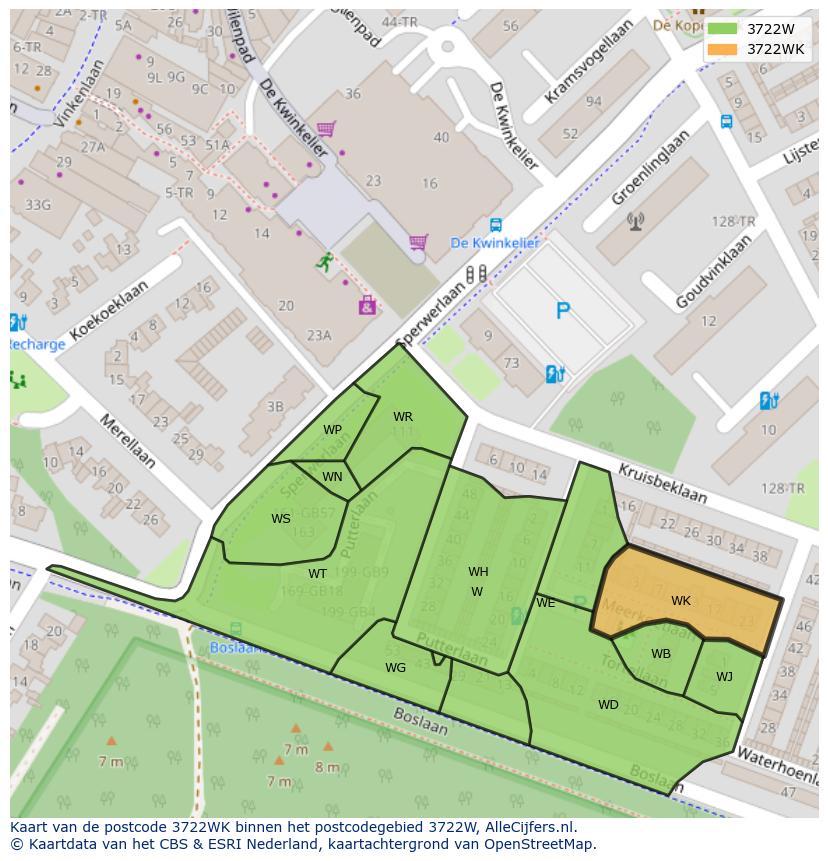 Afbeelding van het postcodegebied 3722 WK op de kaart.