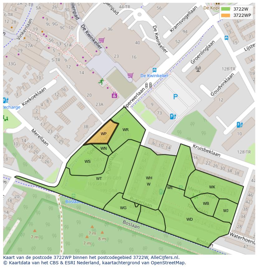 Afbeelding van het postcodegebied 3722 WP op de kaart.