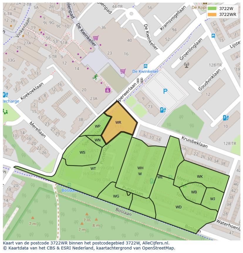 Afbeelding van het postcodegebied 3722 WR op de kaart.