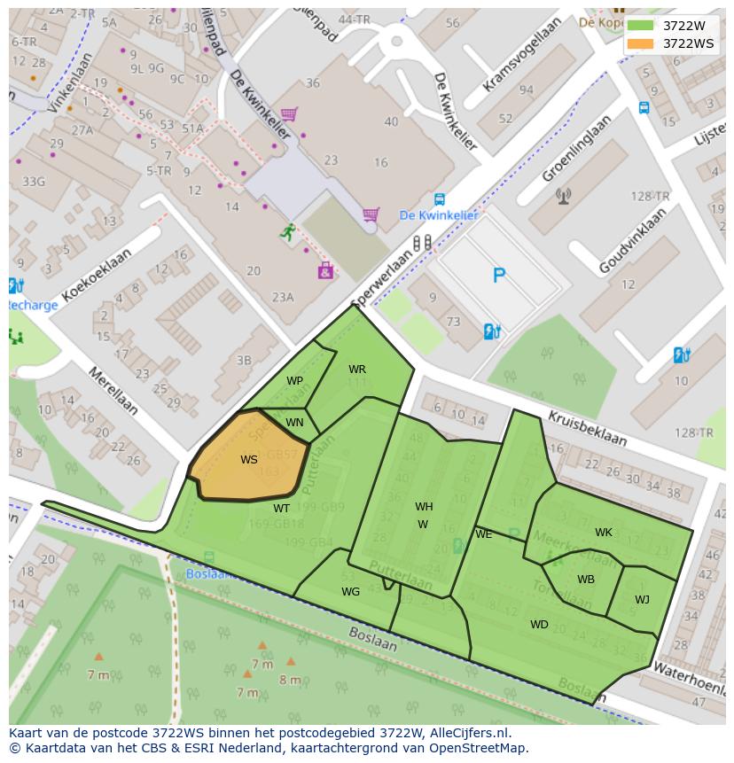 Afbeelding van het postcodegebied 3722 WS op de kaart.