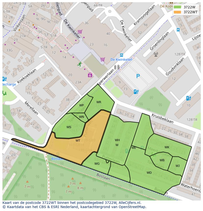 Afbeelding van het postcodegebied 3722 WT op de kaart.