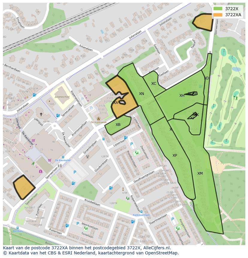 Afbeelding van het postcodegebied 3722 XA op de kaart.