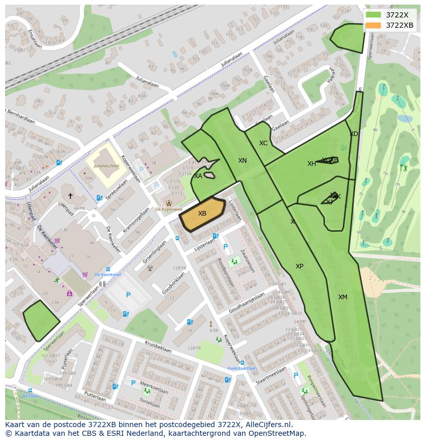 Afbeelding van het postcodegebied 3722 XB op de kaart.