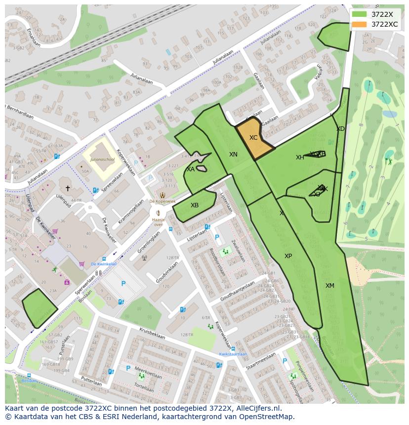Afbeelding van het postcodegebied 3722 XC op de kaart.