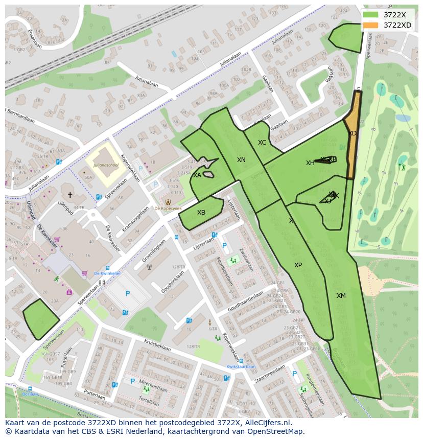 Afbeelding van het postcodegebied 3722 XD op de kaart.