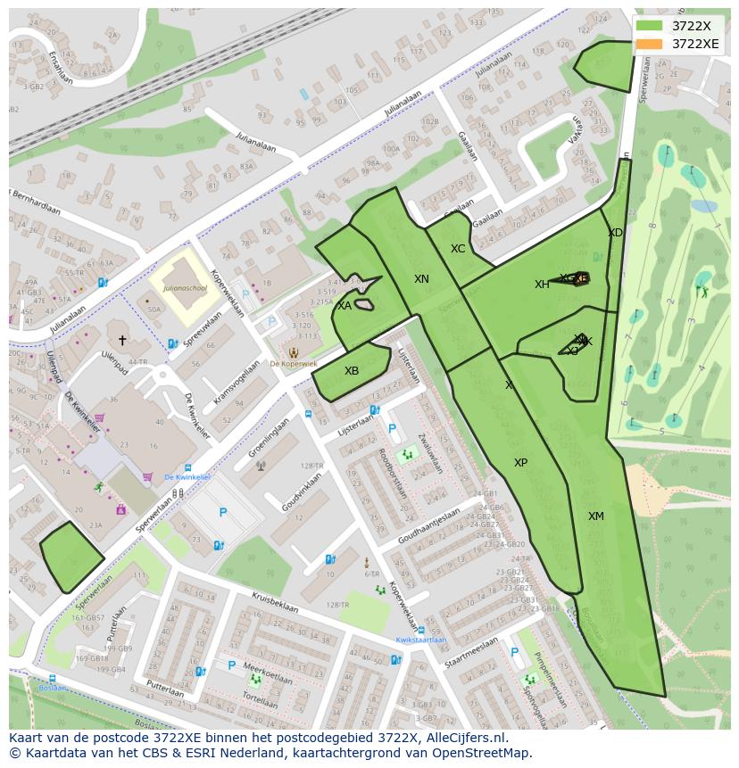 Afbeelding van het postcodegebied 3722 XE op de kaart.
