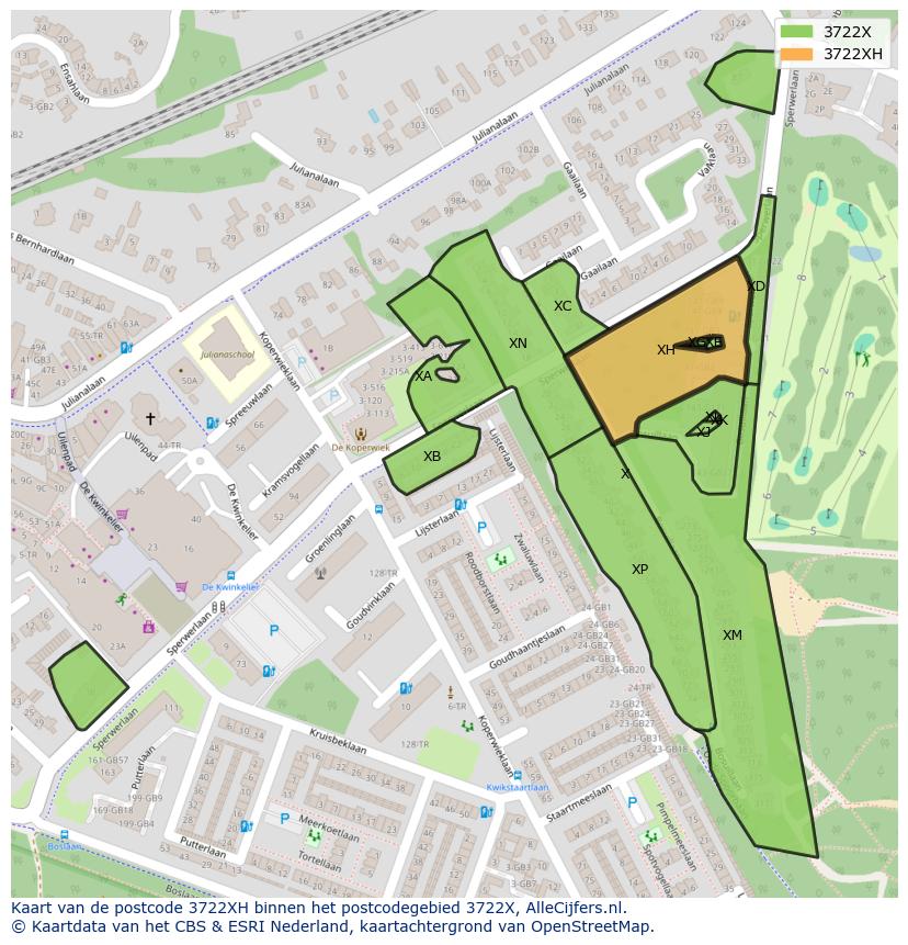 Afbeelding van het postcodegebied 3722 XH op de kaart.